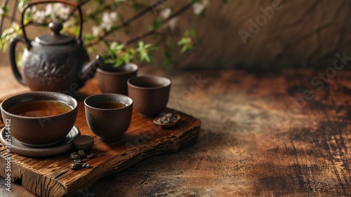 Traditional tea ceremony set on a rustic wooden table