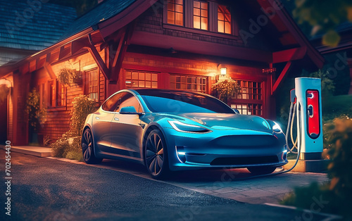 Electric car is charging at home