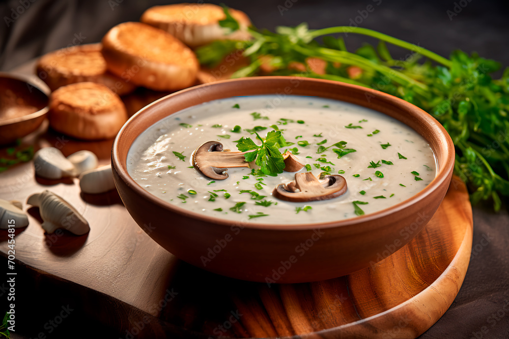 Side view of creamy mushroom soup on a board Side view of creamy mushroom soup on a board