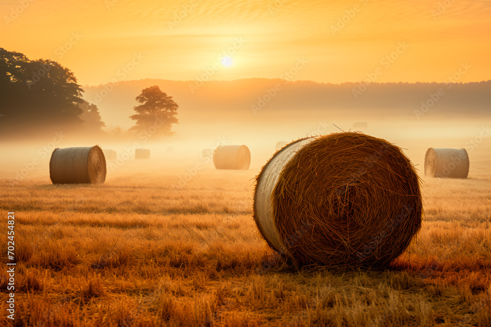 In the tranquil embrace of a misty morning sunrise, the soft light unveils the beauty of hay bales scattered across a serene field.