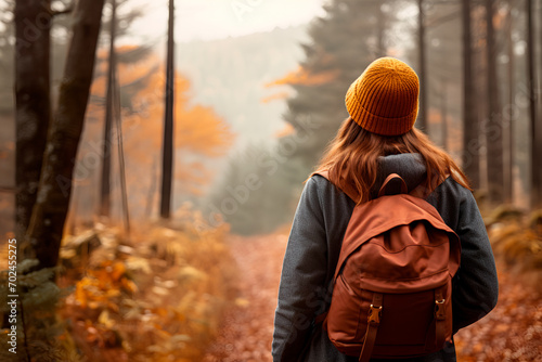 Immersed in nature, a woman is captured from behind as she traverses through the forest, relishing the serenity of the surroundings on her hiking journey.