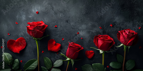 Red roses on dark background with scattered petals. © Enigma