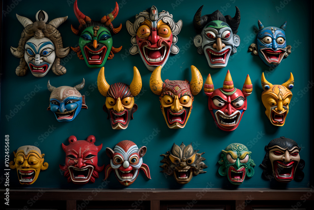Adorning the expansive wall with cultural richness, an extensive collection of Javanese masks is thoughtfully displayed, capturing the essence of tradition and artistry.