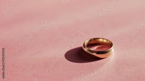 Gold wedding band with shadow on a pink surface