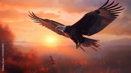 eagle in the sunset, Create a mesmerizing image of an eagle with wings spread wide, soaring gracefully through a radiant sunset sky © SANA