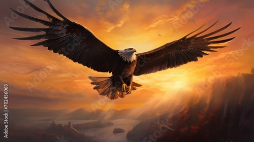 bald eagle in flight, Create a mesmerizing image of an eagle with wings spread wide, soaring gracefully through a radiant sunset sky © SANA
