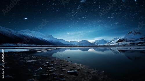 A serene frozen lake bathed in moonlight, with distant mountains silhouetted against the starry sky, creating a scene of tranquil beauty.