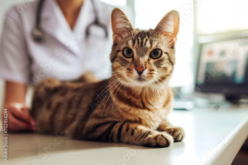 Tabby cat on vet table with vet in white coat in background.