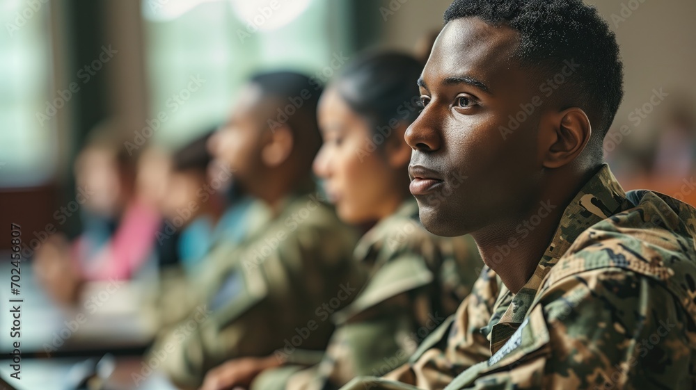 A focused young soldier in uniform during a briefing - obrazy, fototapety, plakaty 