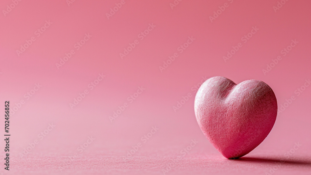 Fototapeta premium Red heart on pink background. One heart-shaped object is located to the side, there is space for text.