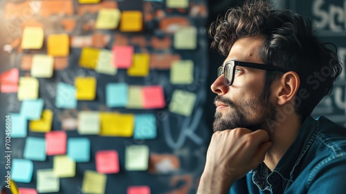 Man looking at a wall covered in colorful sticky notes photo