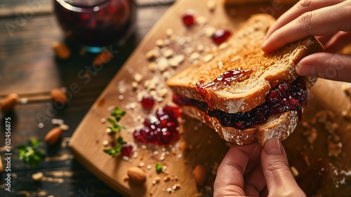 Preparing a peanut butter and jelly sandwich photo