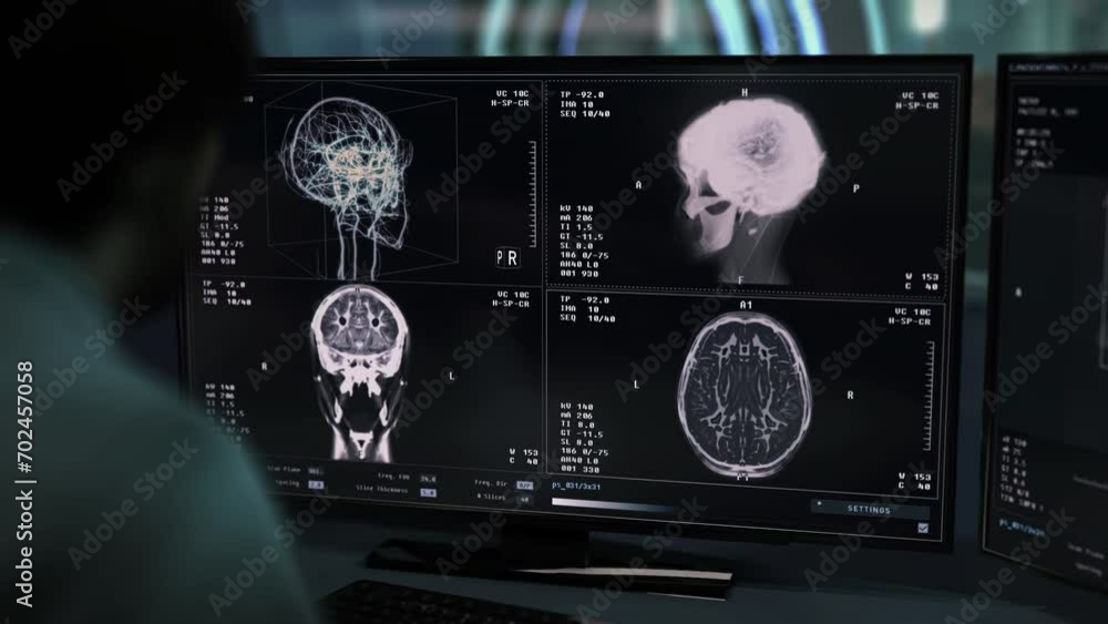 X-ray screening test examination of the damaged human brain. X-ray test screening the head of the injured clinic patient. Hospital X-ray screening test looking for trauma inside the skull. X-ray screening test examination of the damaged human brain. X-ray test screening the head of the injured clinic patient. Hospital X-ray screening test looking for trauma inside the skull.