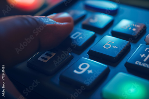 intricate details of a payment terminal's keypad are showcased in a close-up shot photo