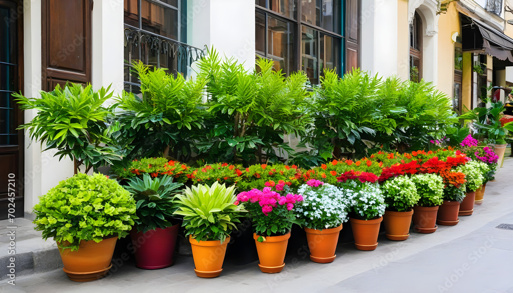 Many beautiful potted plants outside a street cafe
