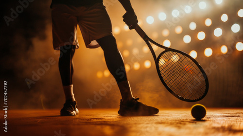 The lower part of the figure of an African-American player with a racket and a ball
