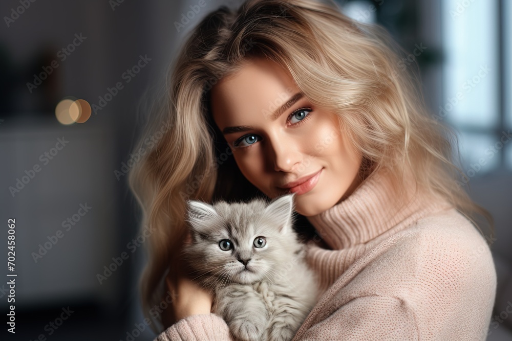 pretty young woman with blond hair hugging a fluffy grey kitten
