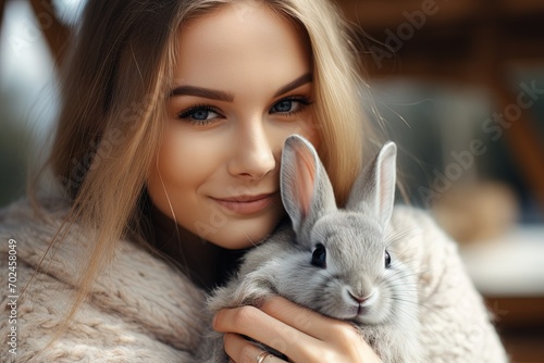 portrait pretty young woman with blond hair hugging a fluffy grey bunny © Маргарита Вайс