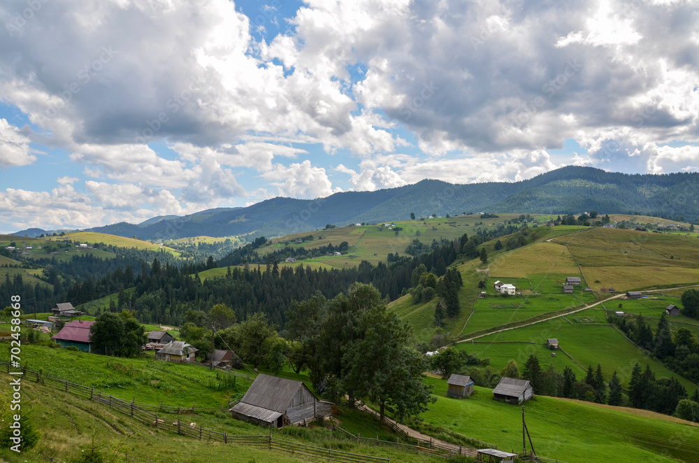 Beautiful view of green grassy valley, trees and mountains landscape on bright summer day under blue sky. Beauty of nature, tourism, traveling and environmental preservation concept. Carpathians