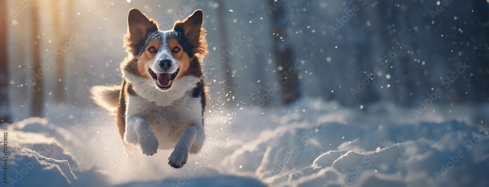 Obraz na płótnie Joyful Dog Frolicking in the Snow. An exuberant dog mid-leap in a snowy forest, showcasing a lively spirit. National Puppy Day. Panorama with copy space. w salonie