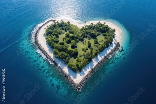 tropical paradise remote island in heart shape, aerial view
