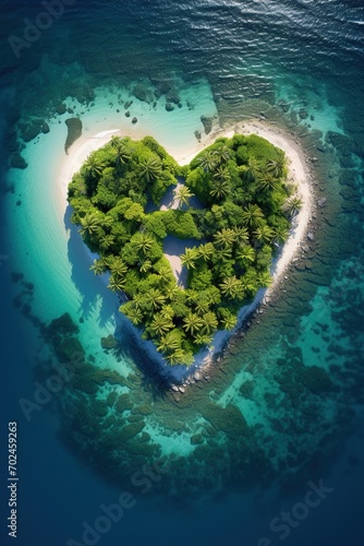 vertical image aerial photo of remote tropical paradise island in heart shape top view