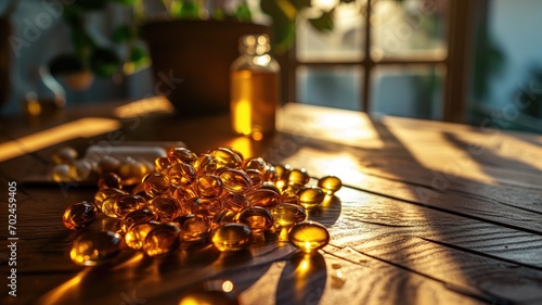 Golden fish oil capsules on a wood surface, emphasizing health and nutrition