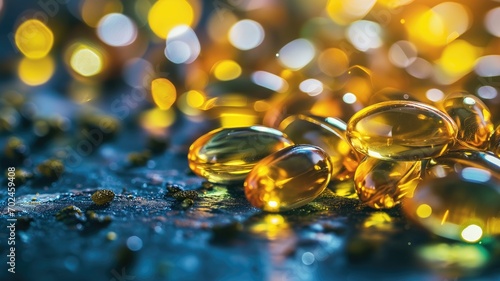 Wallpaper Mural Golden fish oil capsules scattered on a blue surface Torontodigital.ca