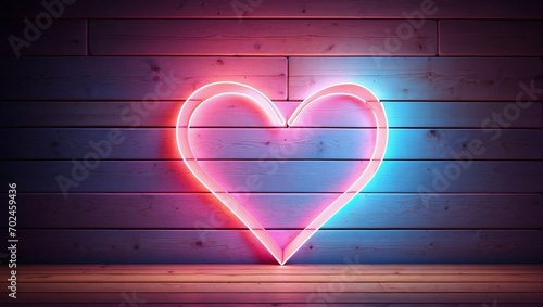 Neon Light Heart on Wooden Wall, Copy Space