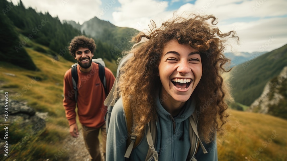 Teenagers hiking nature between mountain girl lake forest