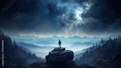 The male hiker standing alone on the peak mountain at evening night time. Generate AI image
