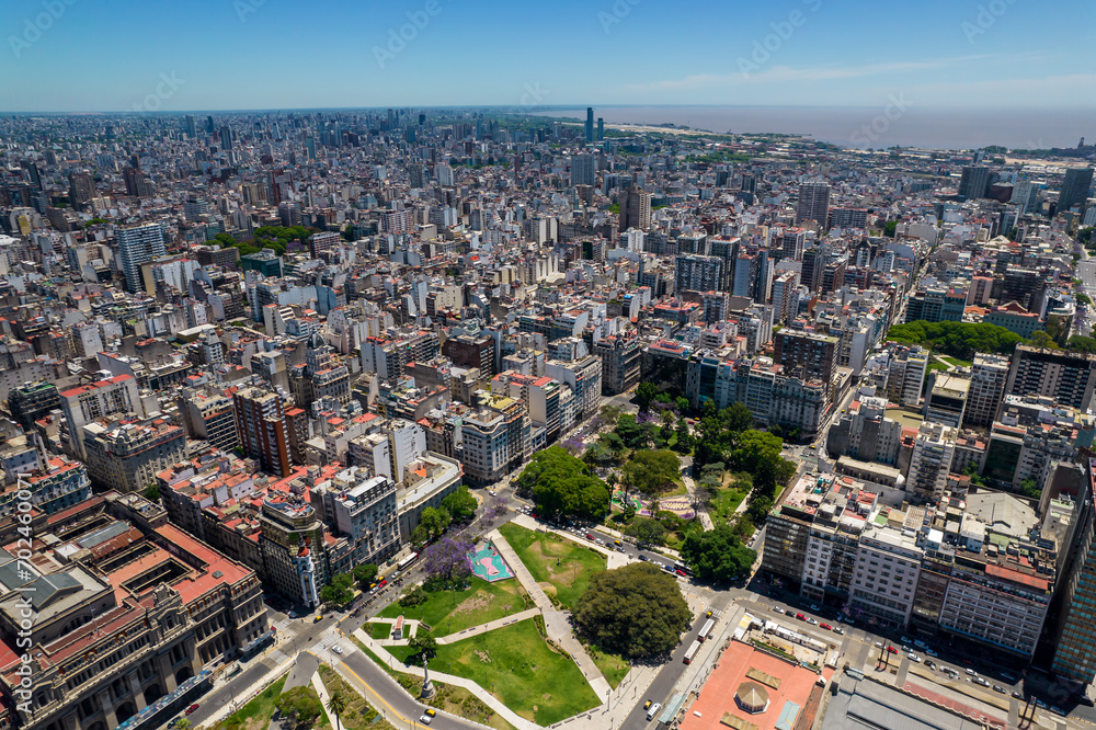 Beautiful aerial view of Plaza de Mayo, the Casa Rosada Presidents house, The Kirchner Cultural Centre, in Puerto Madero. Buenos Aires, Argentina.