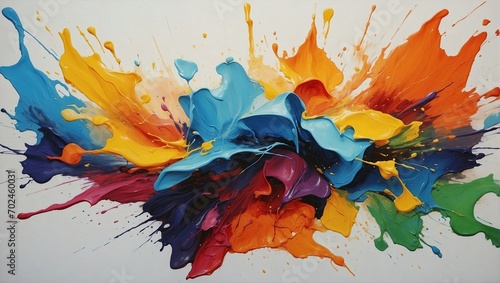 Explosive abstract painting with bright splashes of blue  yellow  red  and purple on a white background.