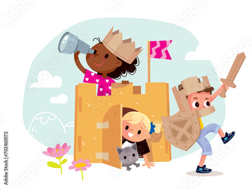 Kids play together. Children with a cardboard castle. Girls and boy create a castle. Happy creative kids spare time together.