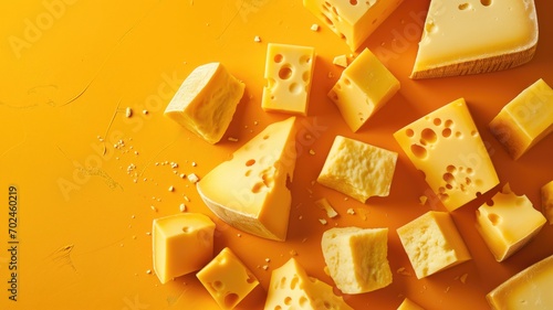 Various types of cheese on a vibrant yellow background photo