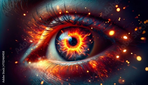 Intense human gaze captured in macro photography, with a fiery red and orange iris illuminated by sparks, evoking fervent emotion and ardent energy.Generative AI