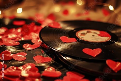 A collection of love-themed vinyl records, each song a classic tune celebrating romance and the timeless dance of love. photo