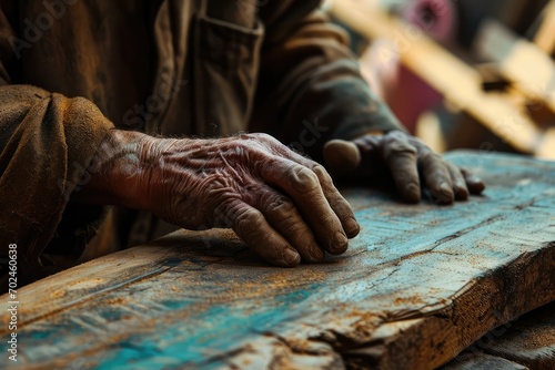 A craftsman's rough, calloused hands working meticulously on a piece of wood, each cut and carve a testament to his skill and dedication to his craft. © Lucija