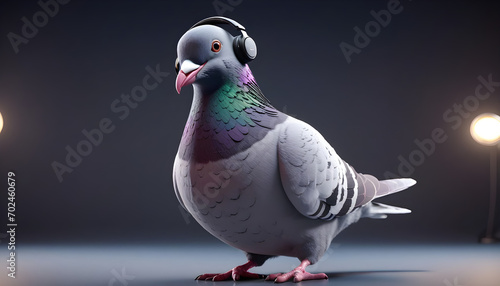 Pidgeon wearing headphone - Generative AI photo