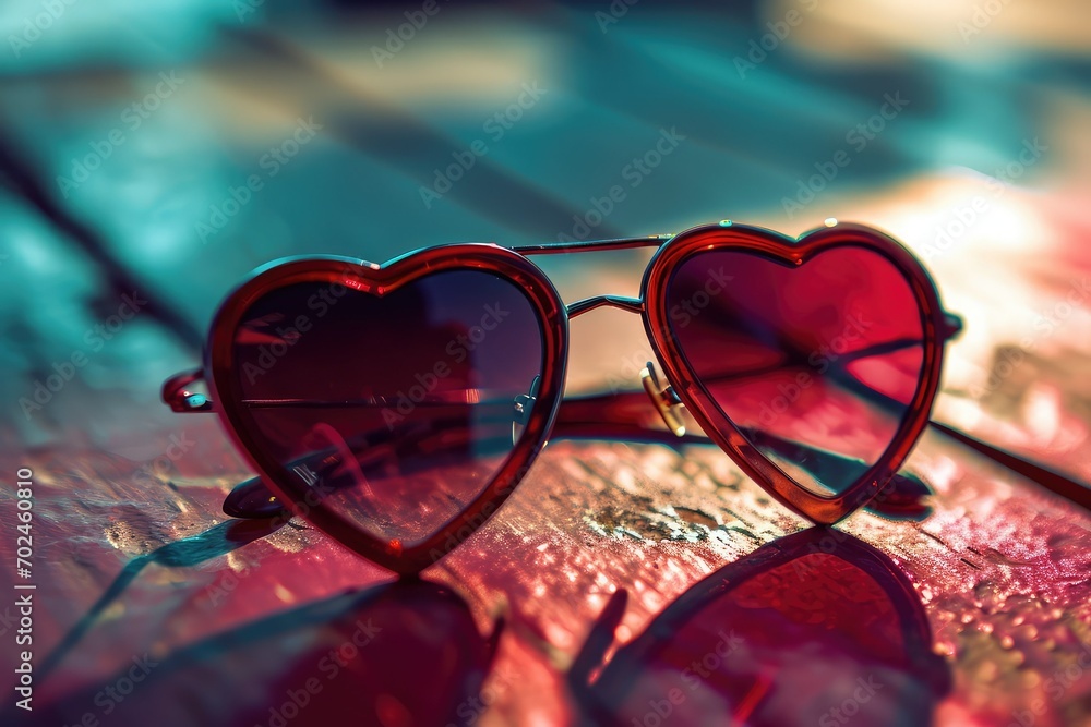 A pair of heart-shaped sunglasses, their playful and trendy design a fun accessory for romantic outings and a symbol of seeing the world through the lens of love. - obrazy, fototapety, plakaty 
