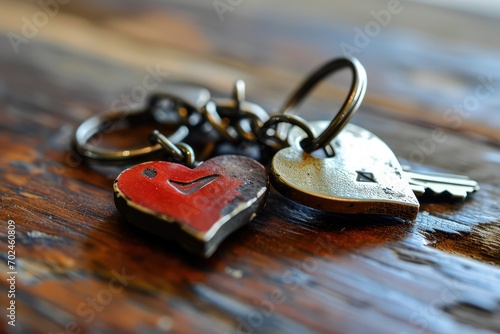 A pair of matching keychains with halves of a heart, symbolizing the way two people fit together perfectly to form a complete and loving whole.