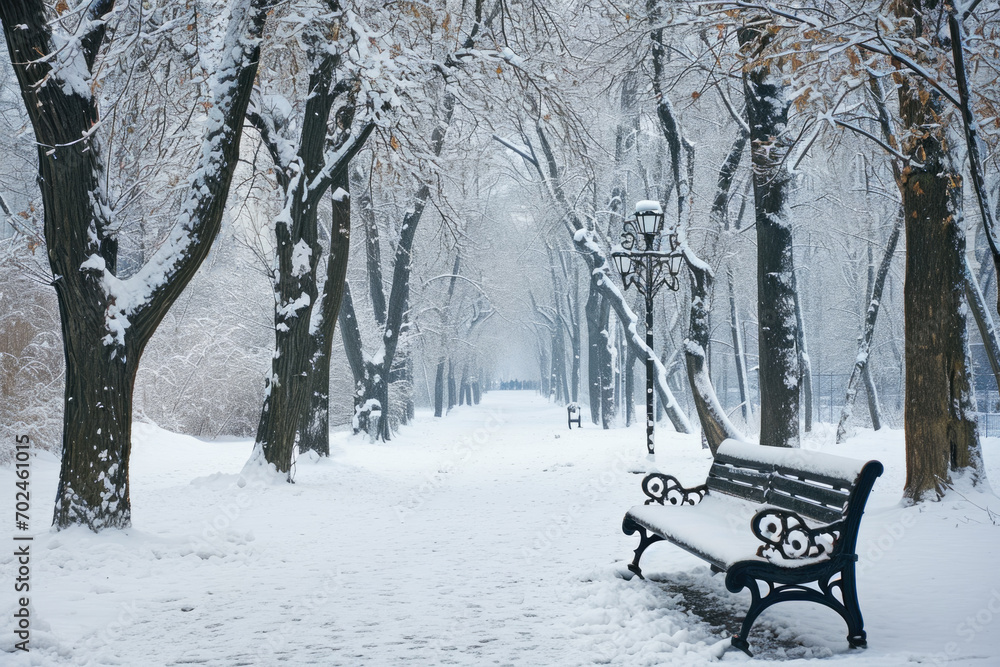 snow-covered park with a bench