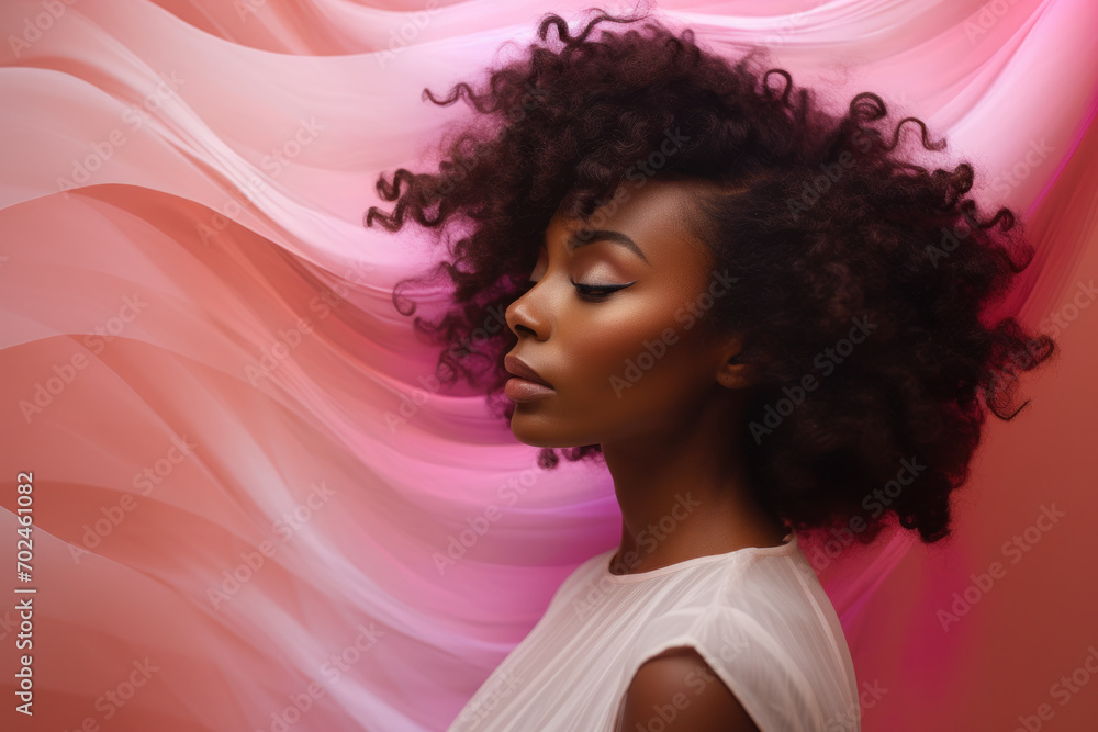 Graceful woman with eyes closed, her hair and the ethereal pink background flowing in harmony