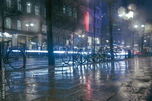 a view of a city street in the rain