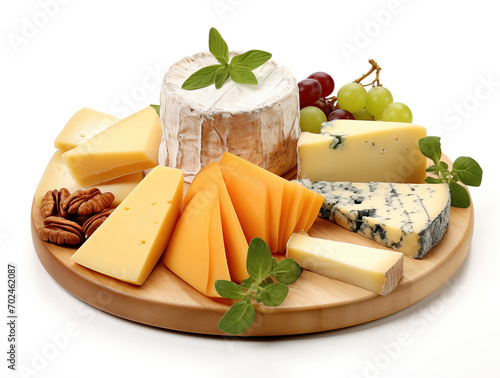 A vibrant display of assorted gourmet cheeses, accompanied by fresh grapes, pecans, and garnished with green mint leaves, all presented on a round wooden board.