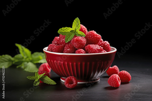 A vibrant image showcasing fresh, juicy raspberries in a red bowl, adorned with green mint leaves. The dark background accentuates the bright colors of the fruits and leaves, making them pop.