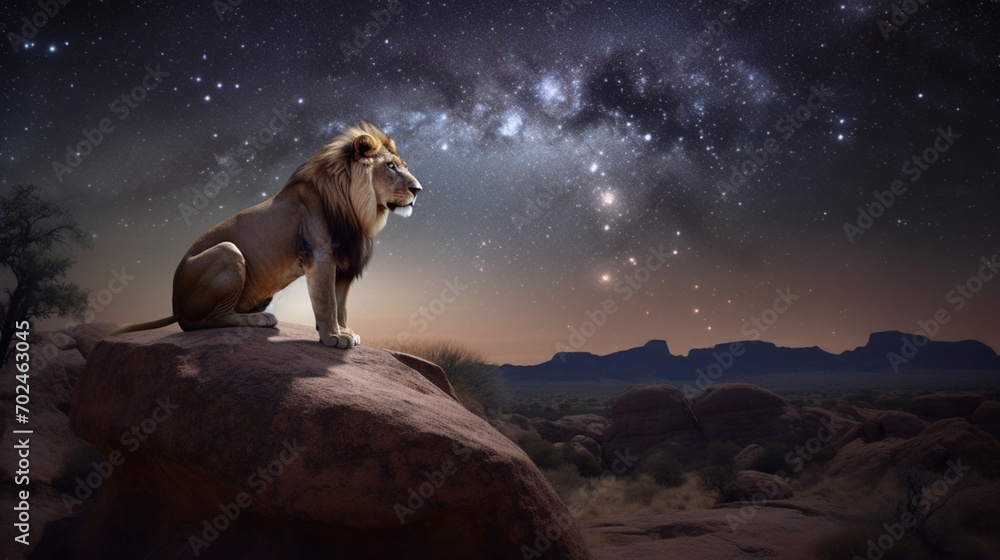 lion in the night, Picture a regal lion, its fur adorned with intricate patterns inspired by the constellations, standing atop a cliff - obrazy, fototapety, plakaty 