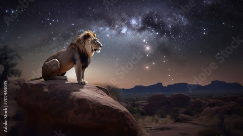 lion in the night, Picture a regal lion, its fur adorned with intricate patterns inspired by the constellations, standing atop a cliff