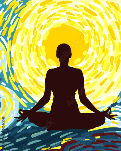 International Yoga Day. 21 June. Girl in lotus position. Yoga abstraction. hand drawing. Not AI. Vector stock illustration.