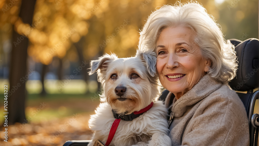 Elderly enjoy woman in a wheelchair with a dog outside in the park Elderly enjoy woman in a wheelchair with a dog outside in the park